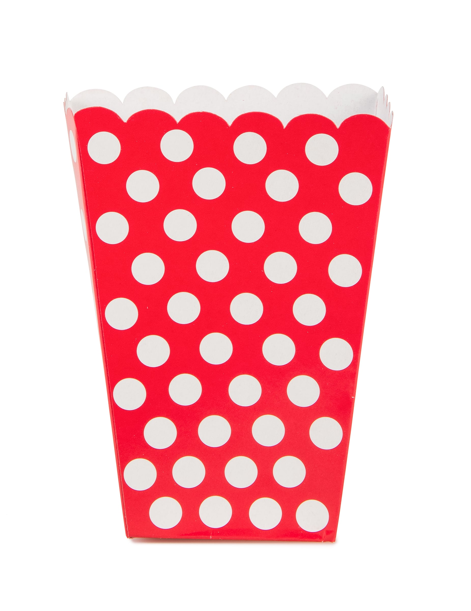 Vue de face de la boîte à pop corn rouge à pois blanc