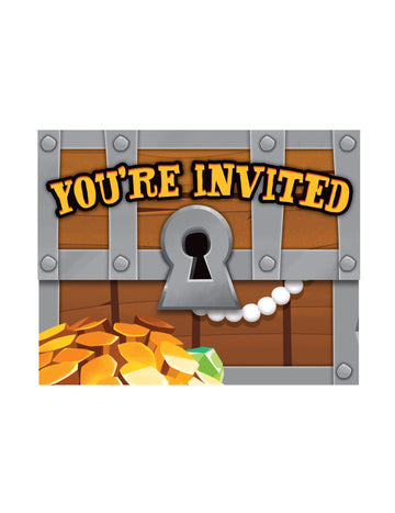 8 invitații în formă de cufăr cu comori de pirat, cu plicuri