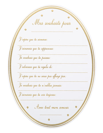 8 felicitări pentru baby shower în formă de medalion, albe și aurii