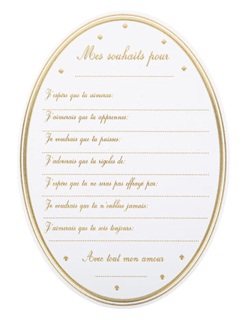 8 felicitări pentru baby shower în formă de medalion, albe și aurii