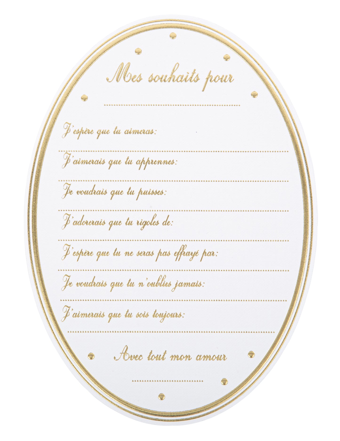 Cartes de souhaits baby shower pour fête blanches et dorées forme médaillon