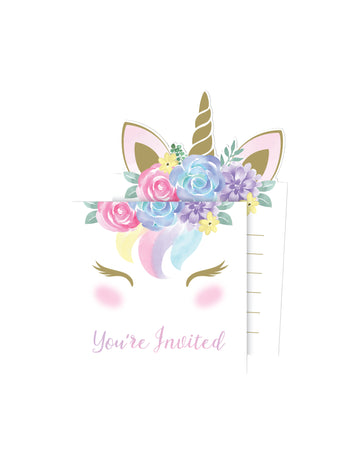 8 invitații de petrecere cu plicuri, unicorn magic, 10 x 15 cm 
