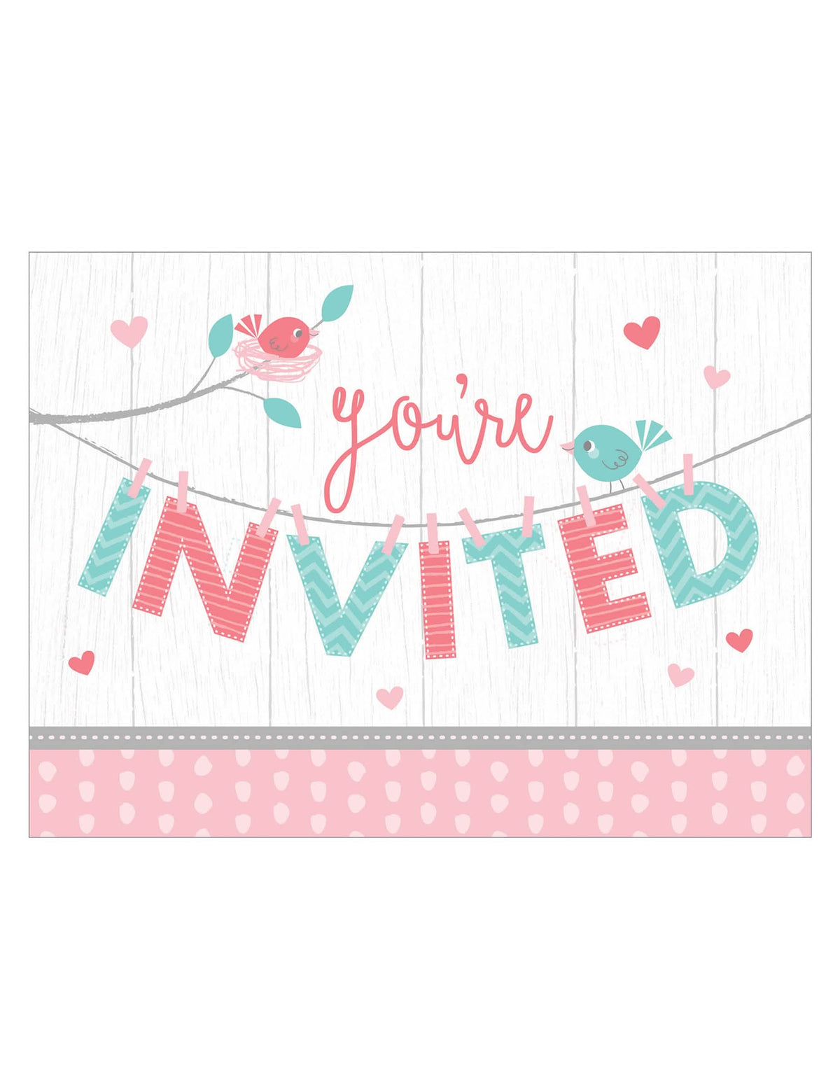 Cartonașe de invitație hello baby pentru baby shower roz și albastru cu păsări și inimi