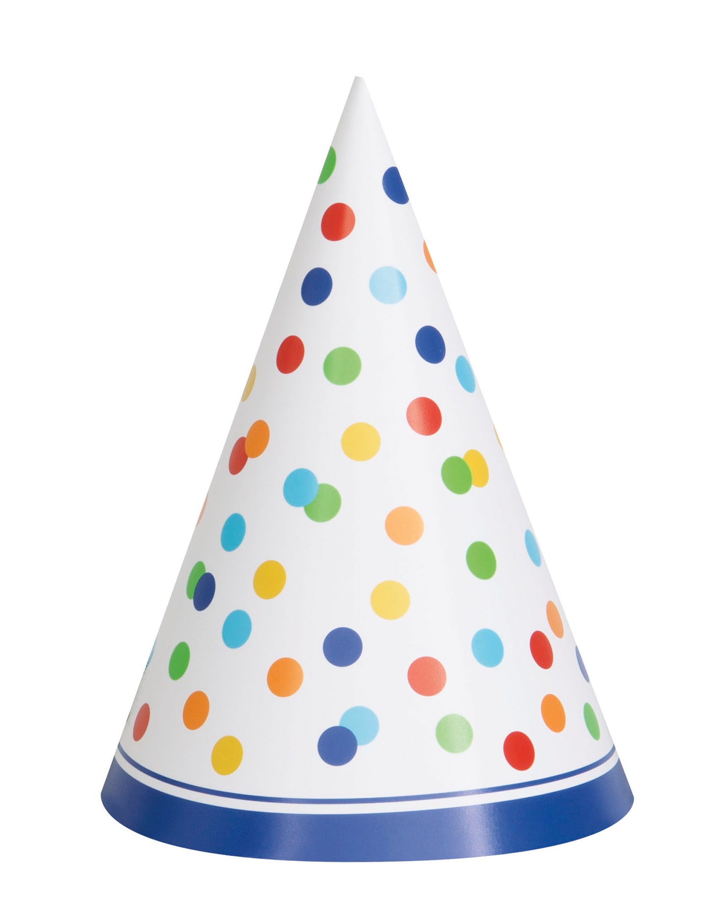 8 pălării de petrecere Happy Birthday cu buline colorate din carton, cu elastic 