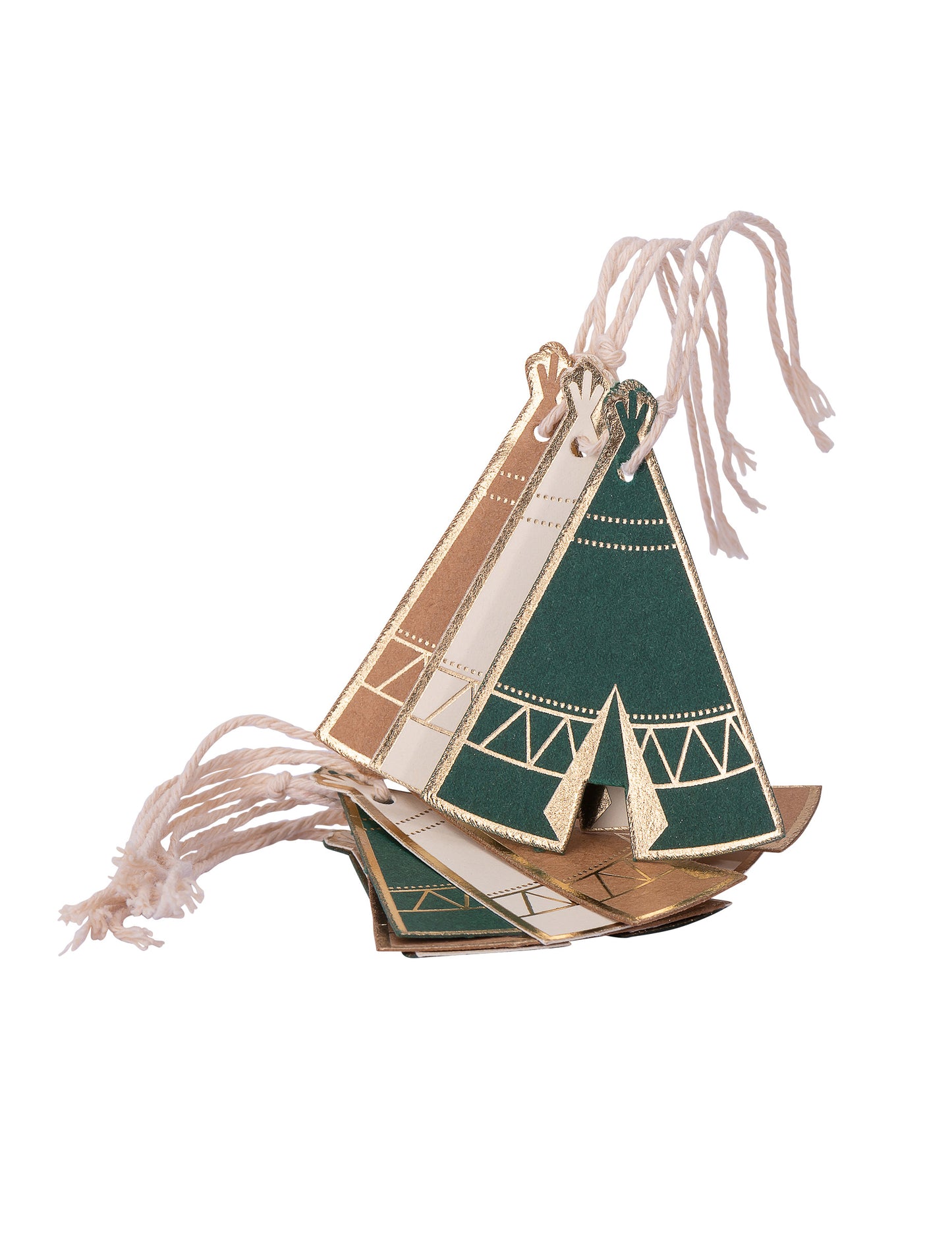 8 etichete din carton, tipi, pădure indiană, kraft, verde, fildeș, folie aurie, cu șnur