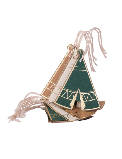 8 etichete din carton, tipi, pădure indiană, kraft, verde, fildeș, folie aurie, cu șnur