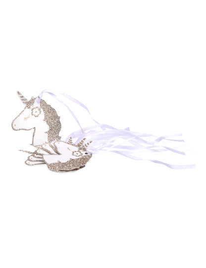 8 etichete cu unicorn strălucitor pentru șampanie, cu legături albe din satin, 6,5 x 4 cm carton