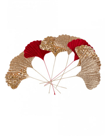 8 frunze de ginkgo roșii și aurii 5 x 7 cm efect de catifea și sclipici