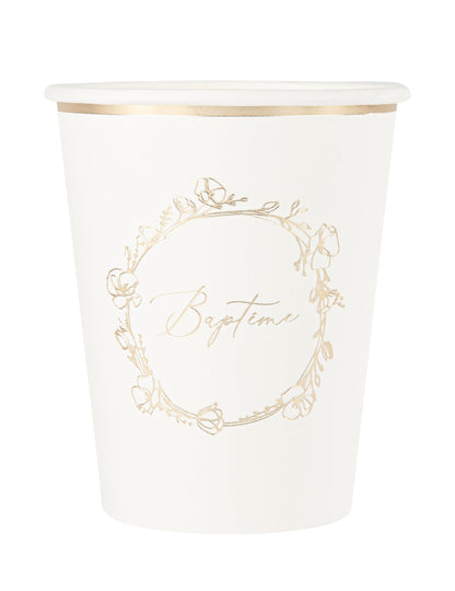 Gobelets en carton baptême blanc et fleurs dorées