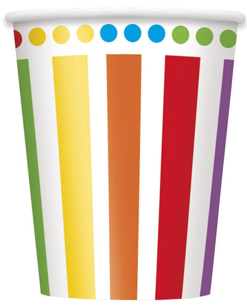 8 pahare de aniversare din carton cu dungi și buline 