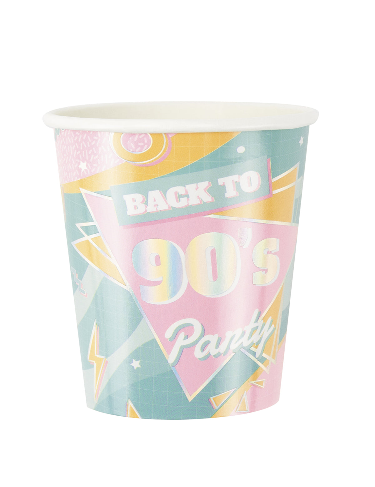 Gobelets en carton années 90 pour fête aux couleurs pastel et motifs géométriques