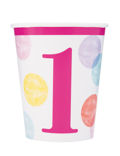 Gobelets en carton 1er anniversaire roses et blancs à pois pastel