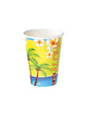 Gobelets en carton Aloha pour fête jaunes avec motifs de palmiers et fleurs