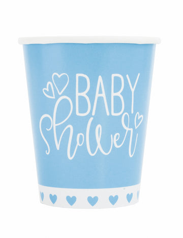 8 pahare de carton pentru baby shower, albastre și albe, de 266 ml, cu inimioare mici