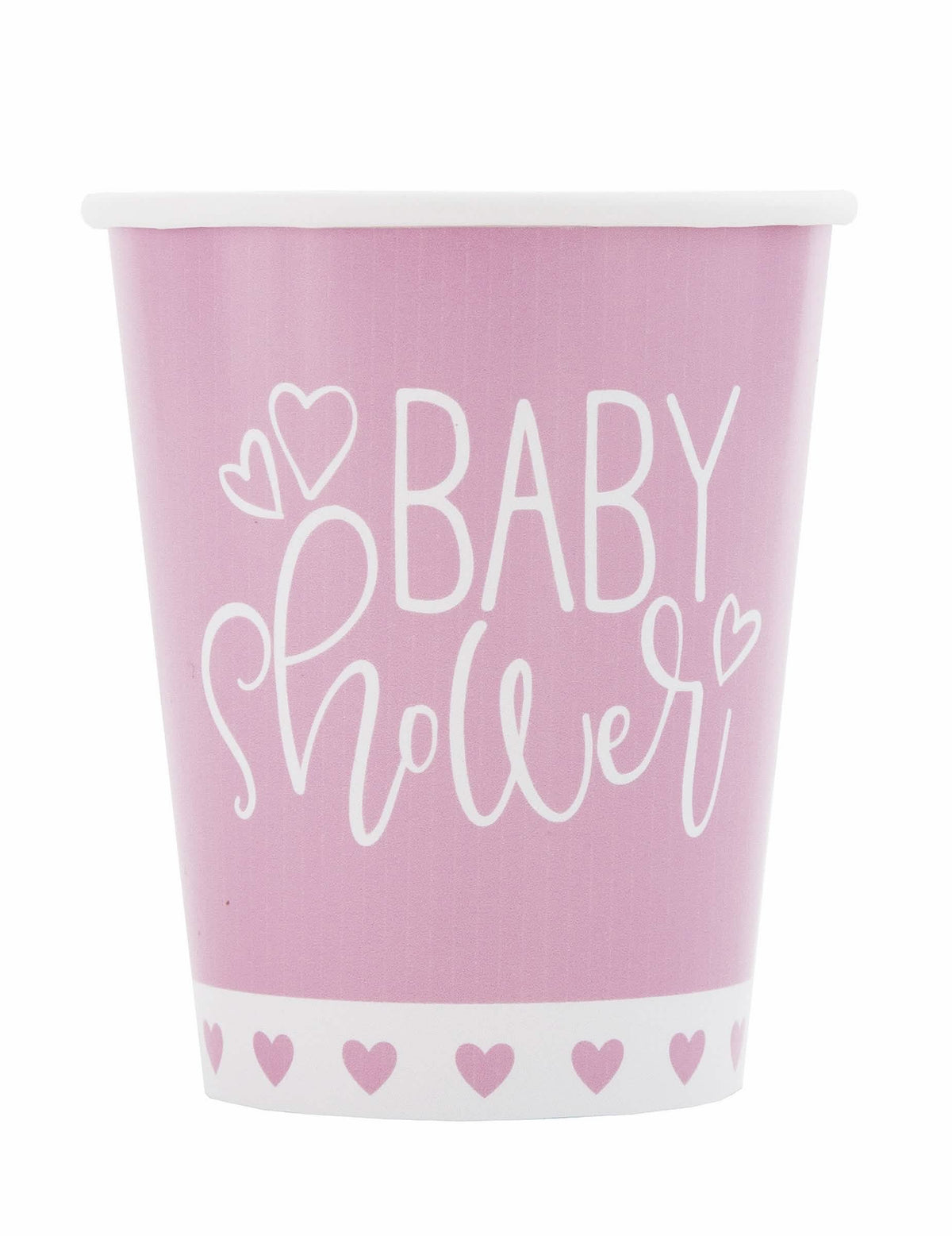 Pahare din carton pentru baby shower, roz și albe, cu model cu inimi