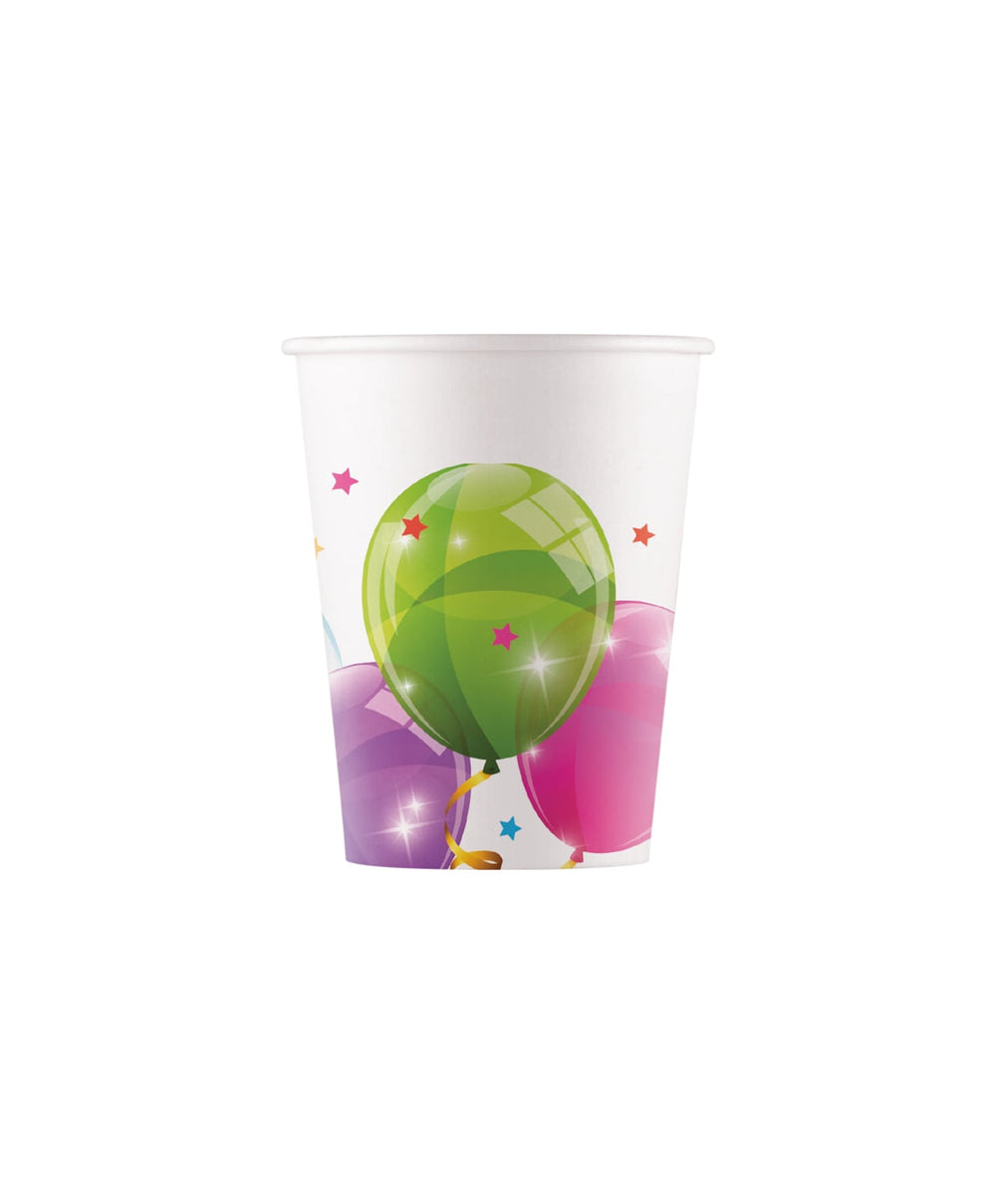 Gobelets en carton ballons colorés pour anniversaire blanc avec motifs multicolores