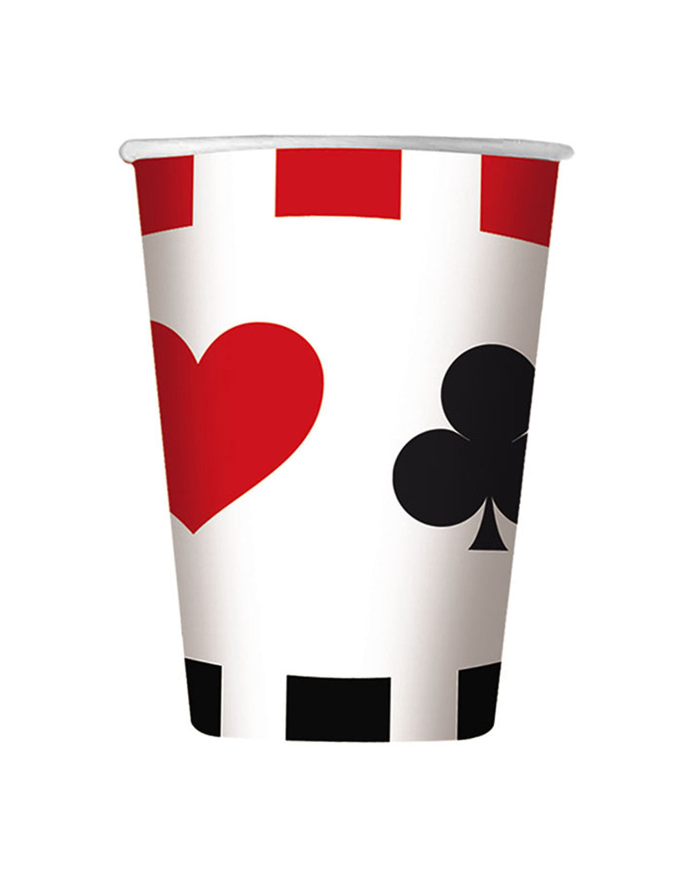 Gobelets en carton big poker thème casino blancs avec motifs de cœur et trèfle rouge et noir
