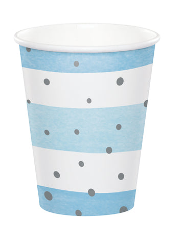 8 pahare de carton albastre și albe cu buline argintii, 256 ml, cu dungi