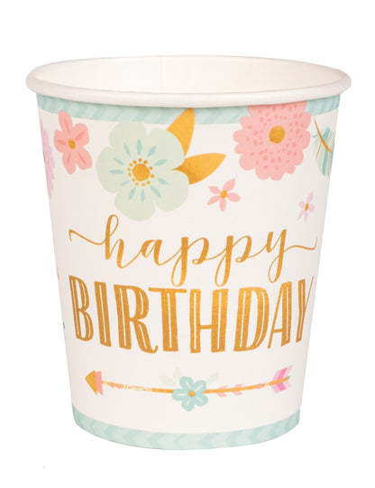 Gobelets en carton boho happy birthday pour anniversaire blancs aux motifs fleurs et flèches pastels