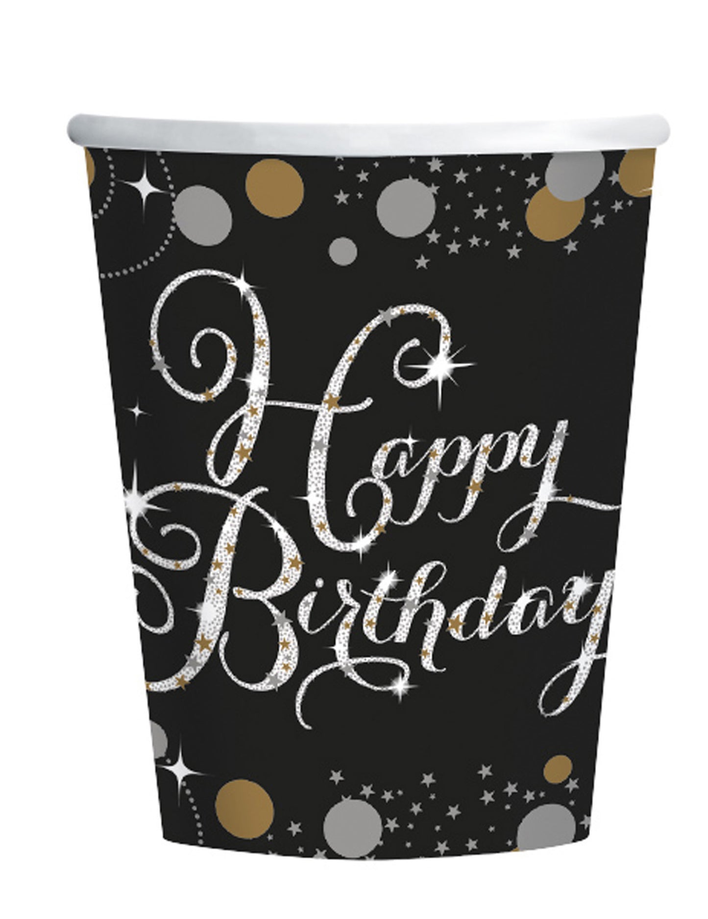 8 pahare de hârtie strălucitoare de 250 ml cu mesaj „La mulți ani”