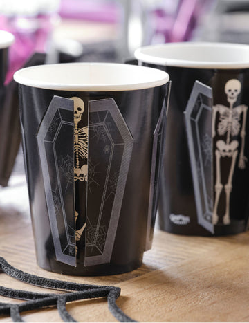 8 pahare de carton cu sicriu de schelet de Halloween, 250 ml