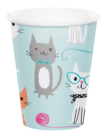Gobelets en carton chats pour anniversaire bleus avec motifs illustrés