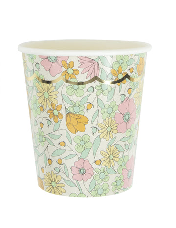 8 pahare din carton festonate aurii, în stil shabby chic, 200 ml, imprimeu Liberty.