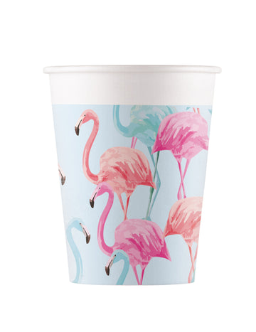 8 pahare de carton compostabile colorate, cu tematică flamingo, de 200 ml