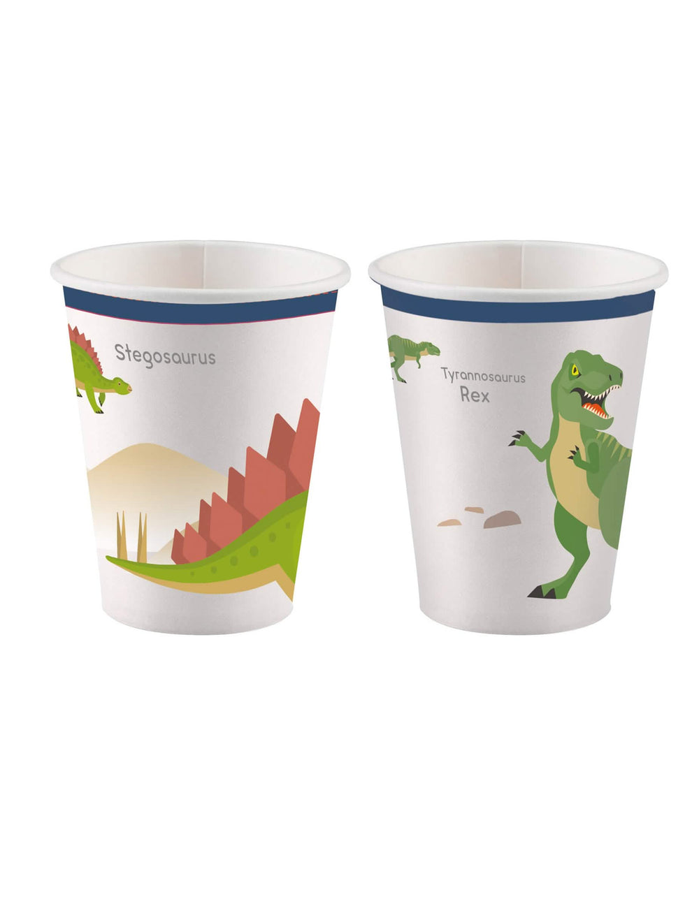 Pahare din carton mari cu dinozauri pentru aniversare copil albe cu T-Rex și stégosaure