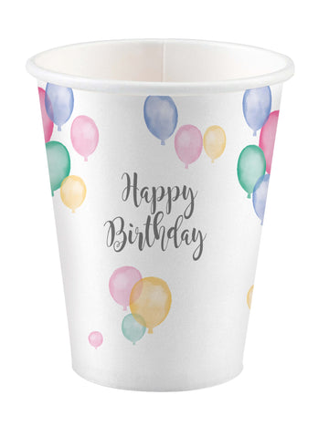 8 pahare de hârtie La mulți ani, baloane pastelate, petrecere de 250 ml