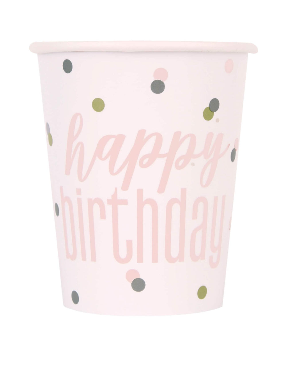 Pahare din carton Happy Birthday pentru aniversare, albe și roz cu buline