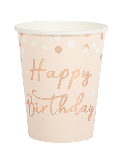 Gobelets en carton Happy Birthday pour anniversaire rose gold et confettis