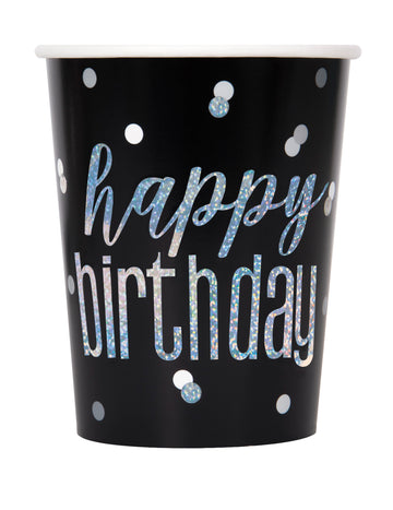 8 pahare de carton negre și gri „La mulți ani”, 270 ml, cu confetti sclipici