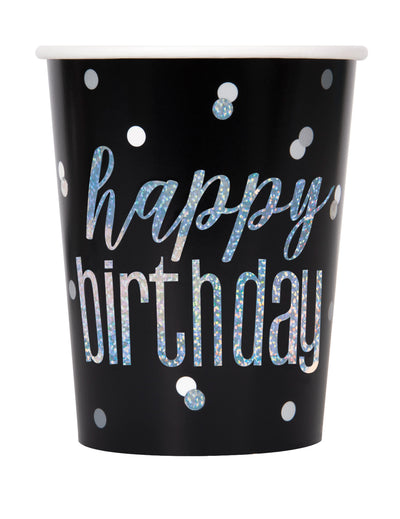 Gobelets en carton Happy Birthday pour fête noirs et gris avec confettis brillants