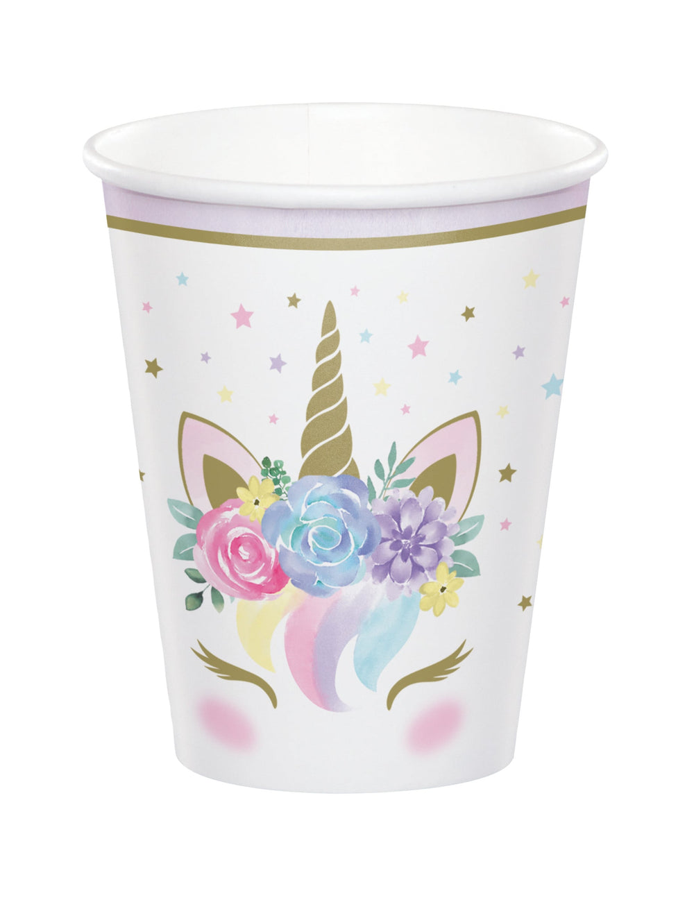 Gobelets en carton licorne féerique blancs avec fleurs multicolores et étoiles dorées