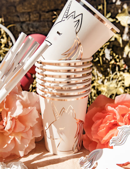 8 pahare de carton magice pastelate și aurii cu unicorni, 250 ml