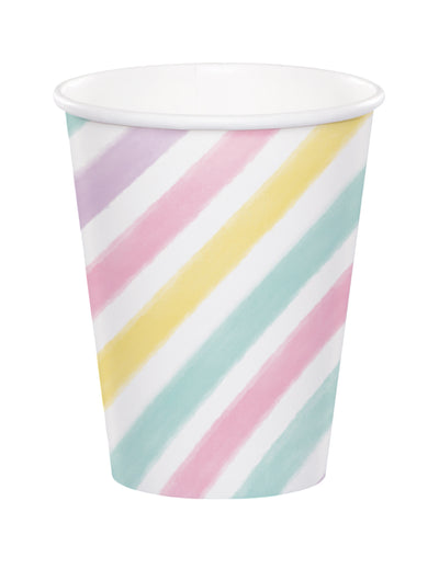 Gobelet en carton licorne pour fête aux rayures pastel multicolores
