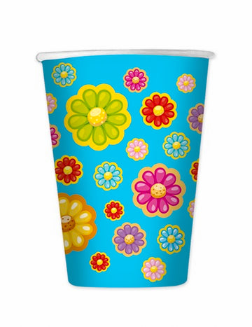 8 pahare de carton cu model de margarete, capacitate 200 ml, flori albastre