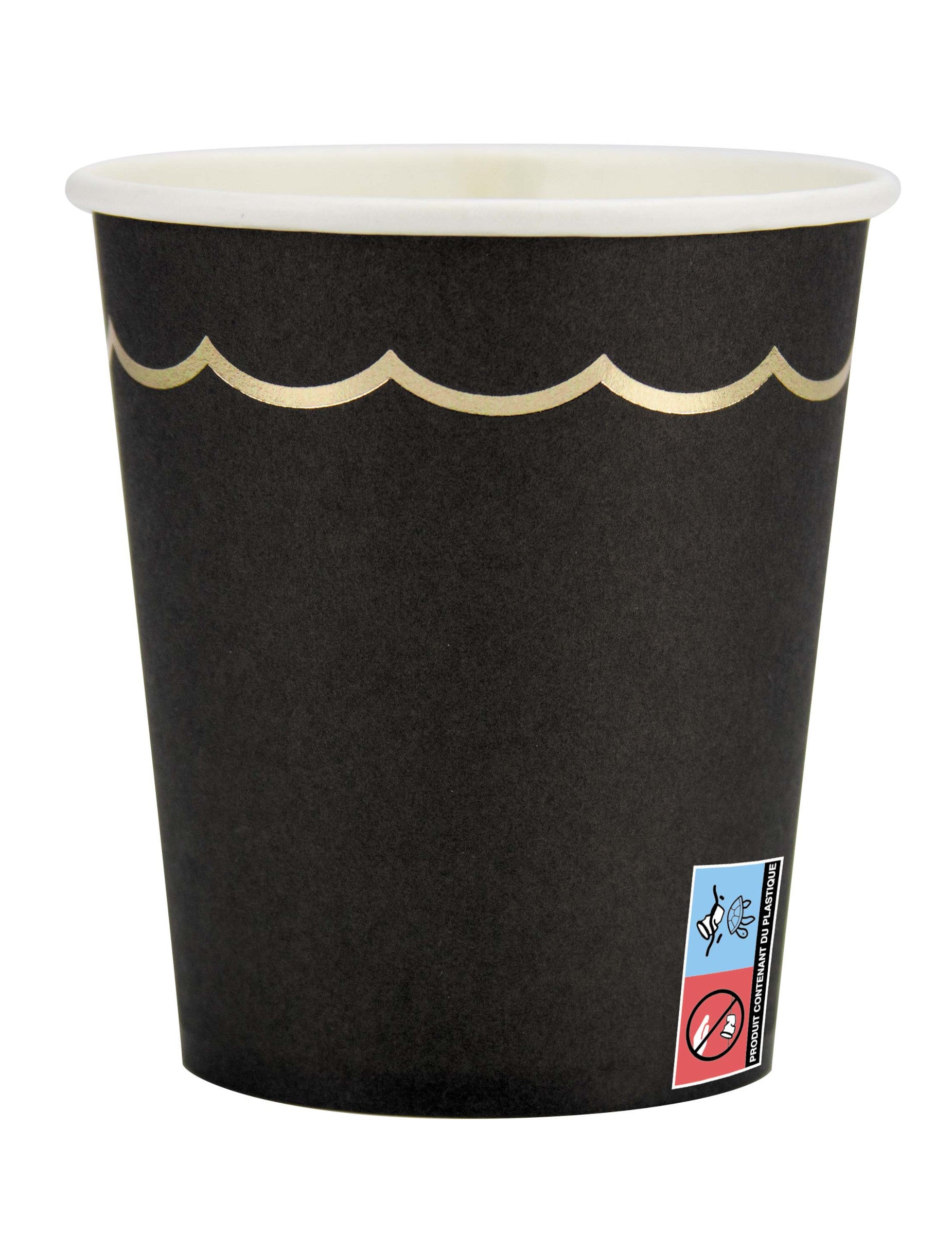 Gobelets en carton festonnés pour fête noirs et dorés élégants
