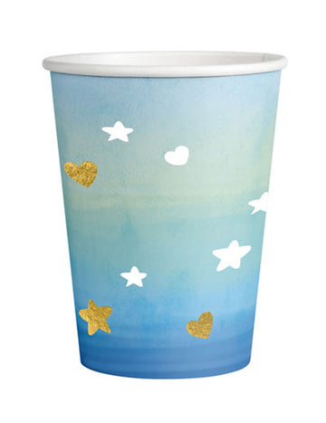 8 pahare de carton Oh, albastru-auriu și auriu, 250 ml, cu inimioare și steluțe aurii