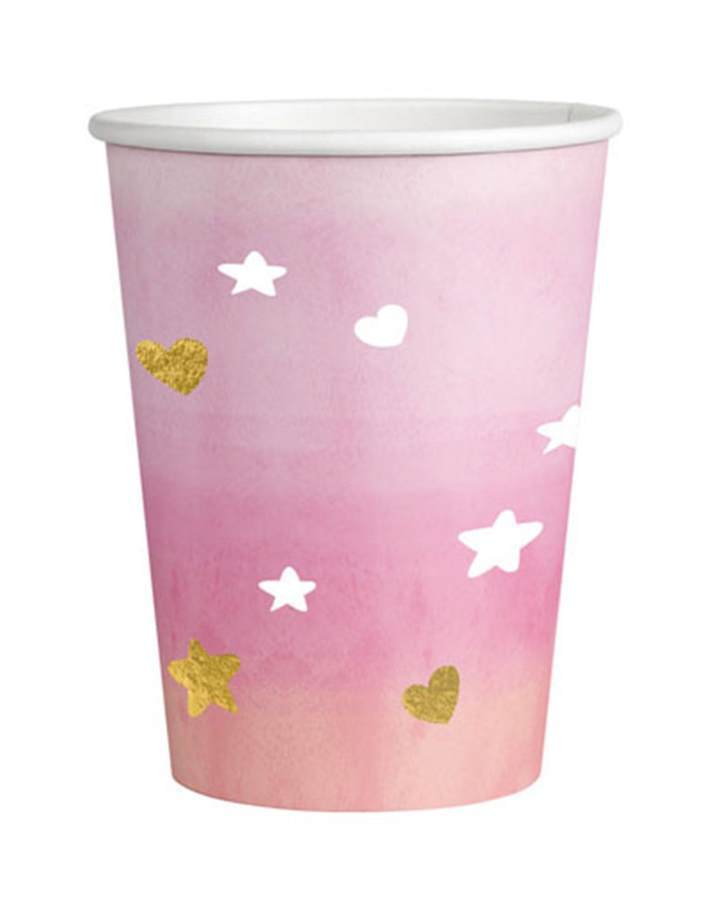 Gobelets en carton oh baby pour baby shower rose et or avec motifs étoiles et cœurs