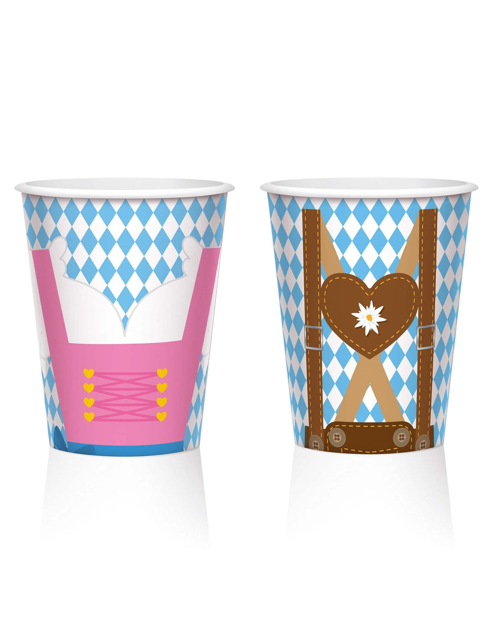 Pahare din carton pentru festivalul berii, alb și albastru, cu motive dirndl și Lederhosen