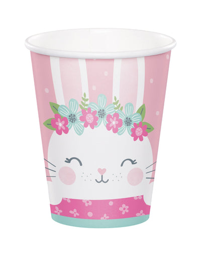 Gobelet en carton Petit Lapin rose avec couronne de fleurs