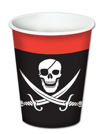 Pahare din carton Pirate pentru petrecere, negre și roșii, cu craniu și săbii
