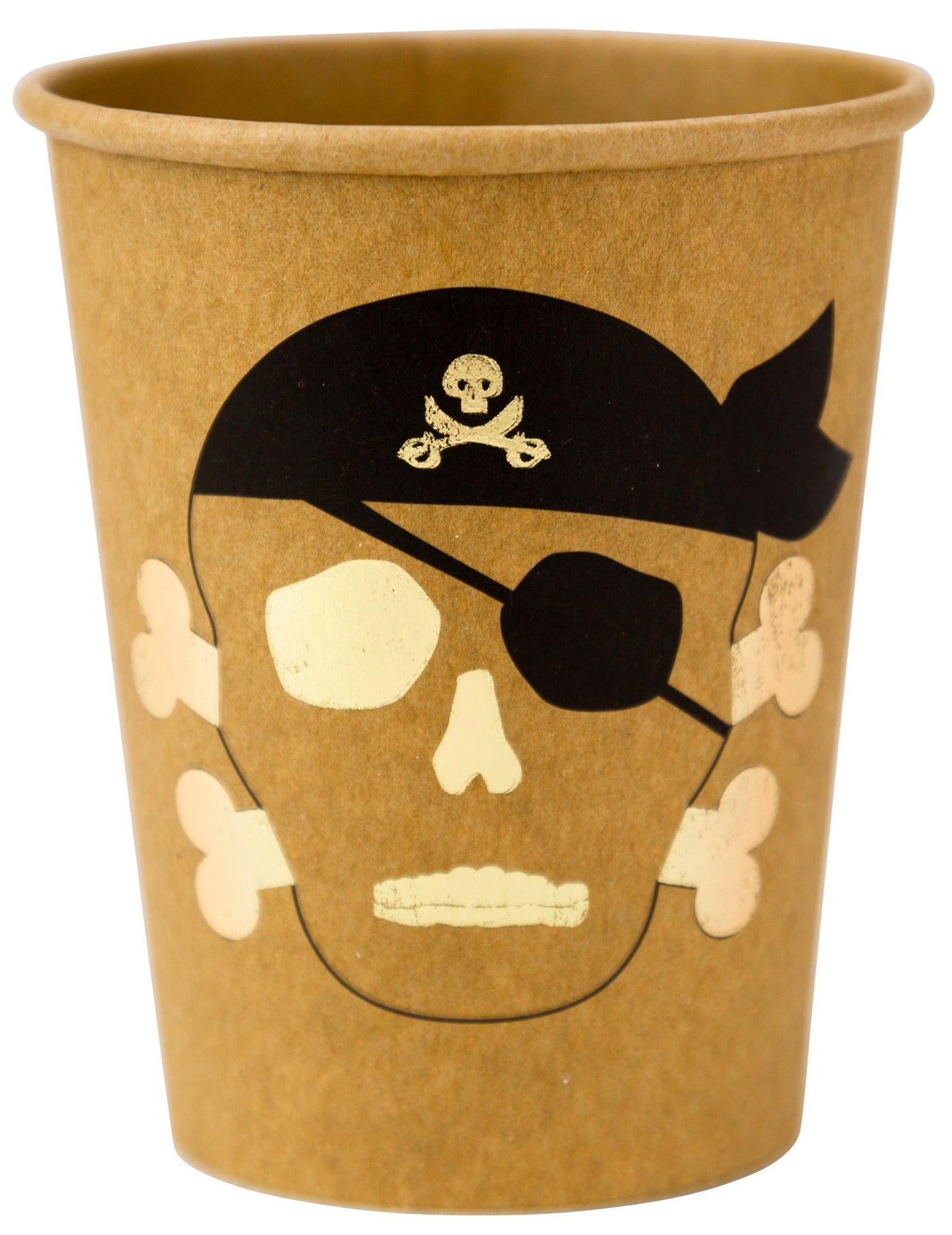 8 pahare de pirat din hârtie kraft cu ornamente aurii, 255 ml, model cu craniu și oase încrucișate