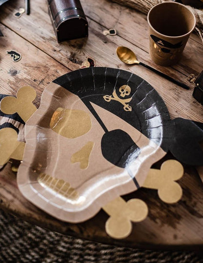 8 pahare de pirat din hârtie kraft cu ornamente aurii, 255 ml, model cu craniu și oase încrucișate