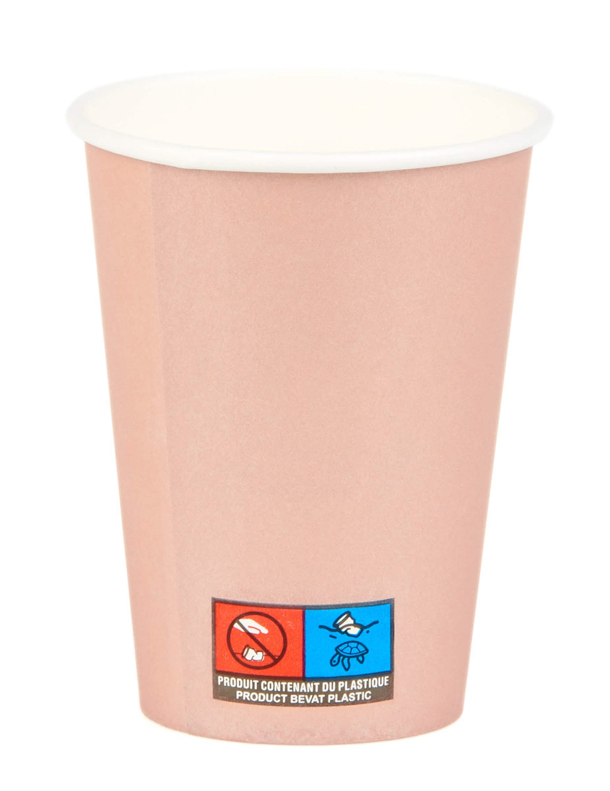 Detaliu al logo-ului produsului care conține plasticul paharelor de carton auriu roz