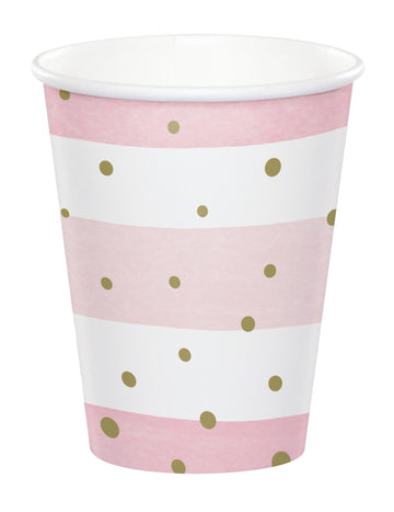 8 pahare de carton roz și albe cu buline aurii, 256 ml, pentru petrecere baby shower