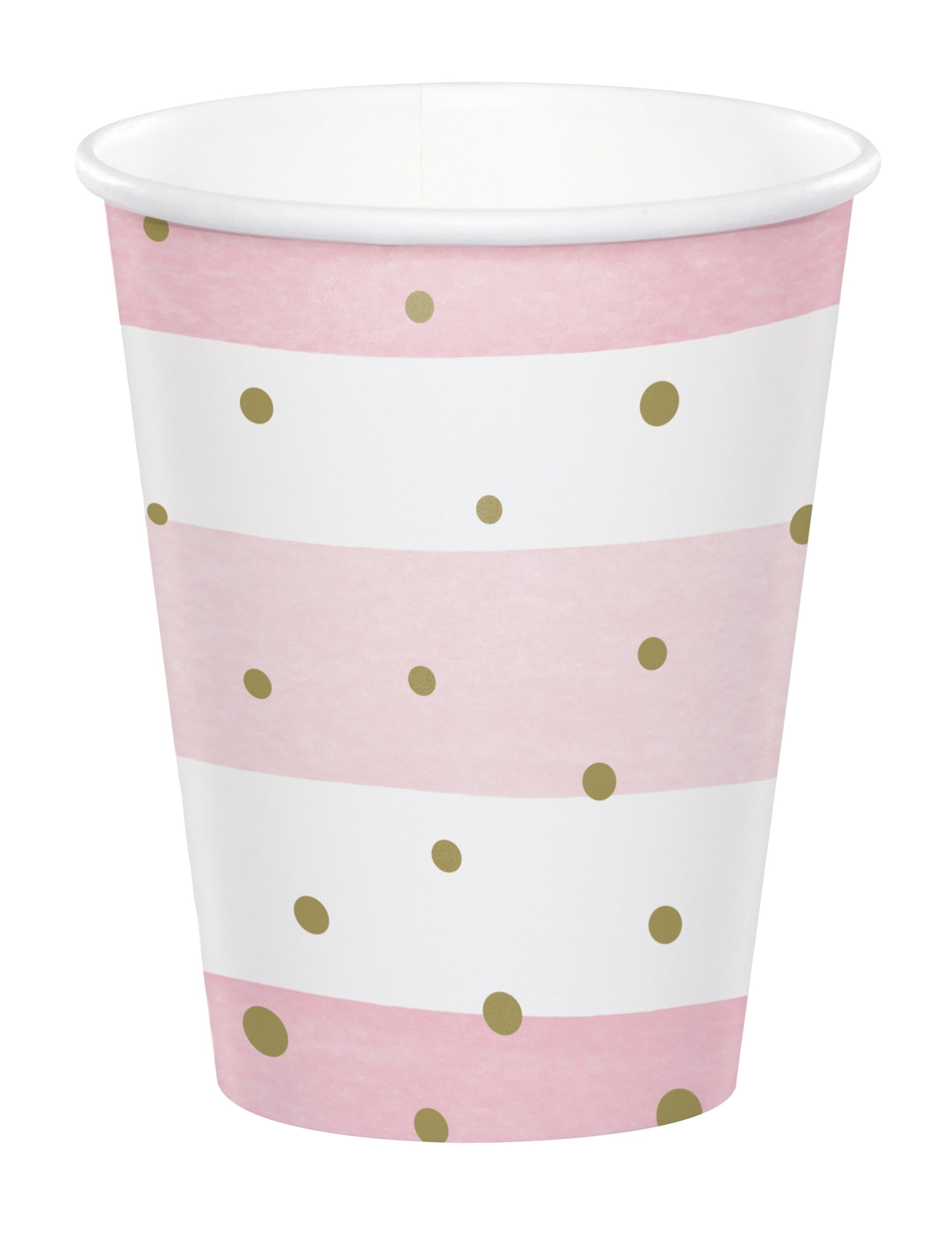 Gobelets en carton baby shower pour fête roses et blancs à pois dorés