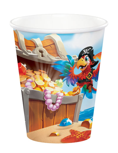 Gobelets en carton trésor de pirate pour anniversaire illustrés avec perroquet et coffre au trésor